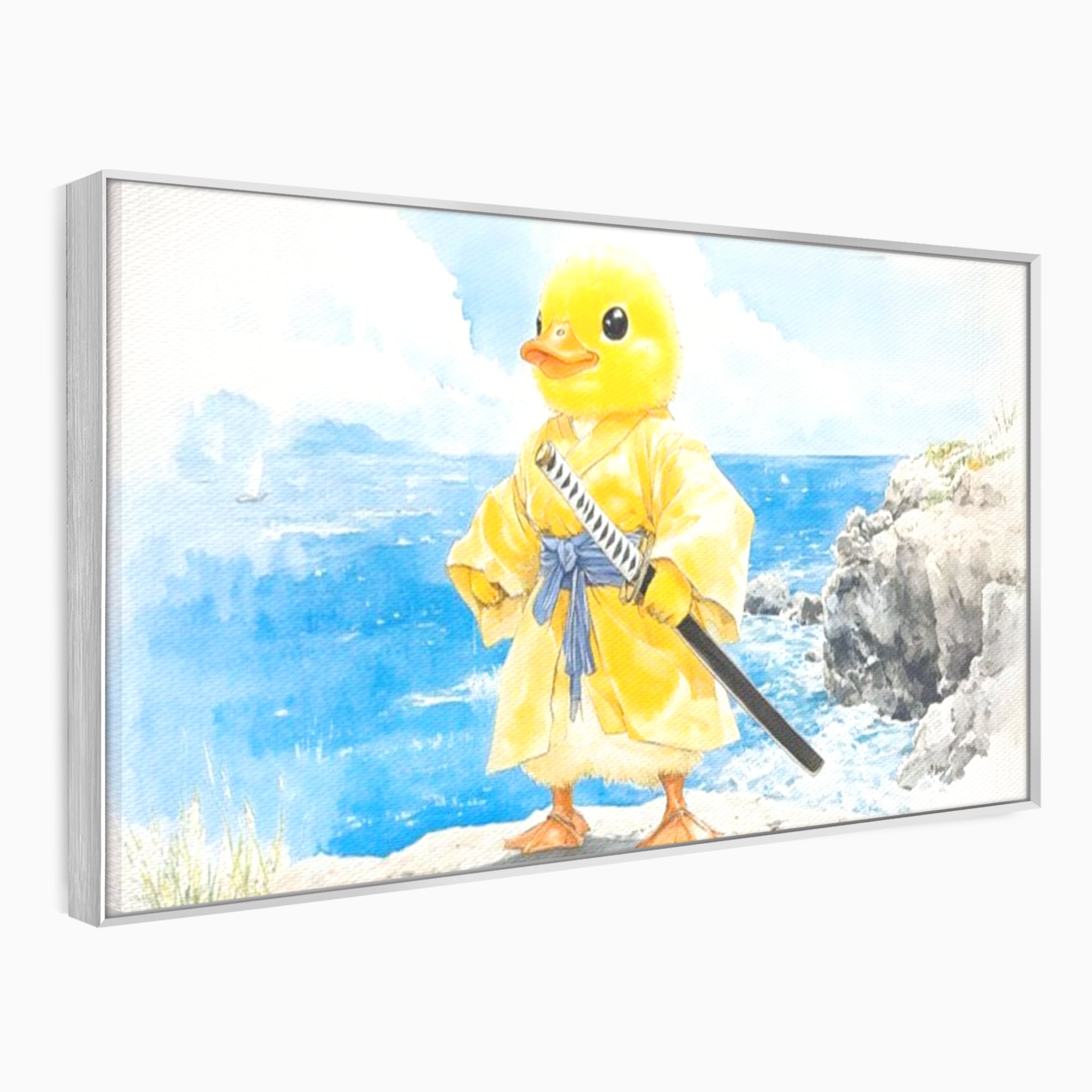 Tablou canvas cu rata samurai galben pe stanca, in rama de aluminiu argintiu
